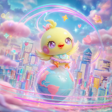Cute baby chicken on the globe with the city and rainbow backgroundの素材