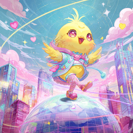 Cute yellow chick sitting on the globe and flying around the cityの素材