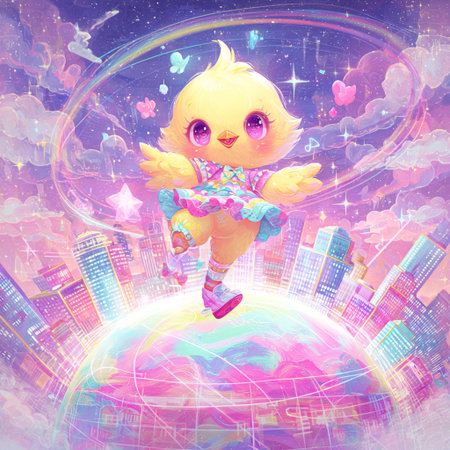Cute little chick in a pink dress on the background of the planet.の素材