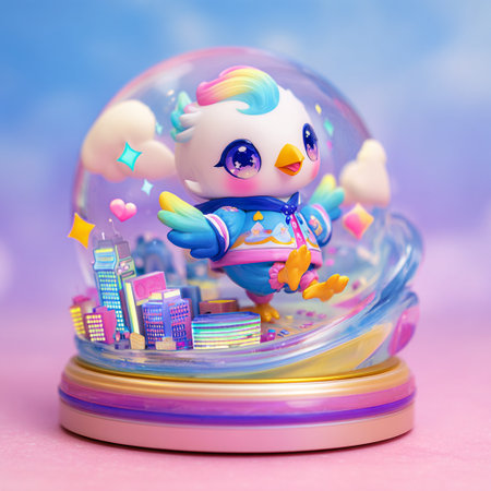 Superhero in the snowglobe with cityscape on the backgroundの素材