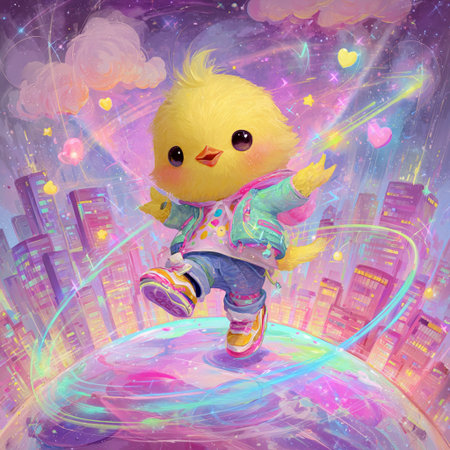 Cute little chick on the background of the city and the rainbowの素材