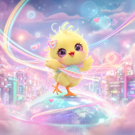 Cute yellow chicken on the background of the city and the rainbowの素材