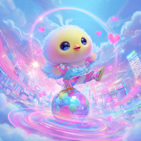 Cute little chick with a heart on the background of the cityの素材