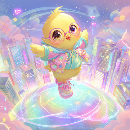 Cute cartoon chick on the background of the city. Vector illustration.の素材
