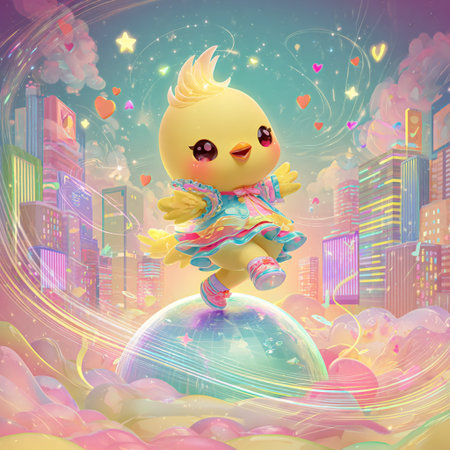 Cute little chick in a colorful scarf on a planet in the cityの素材