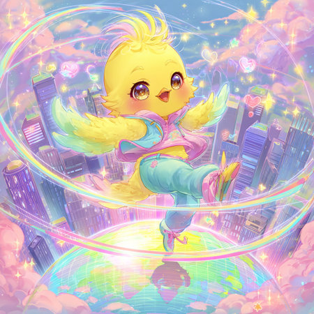 Cute baby angel flying in the night city. Vector illustration.の素材