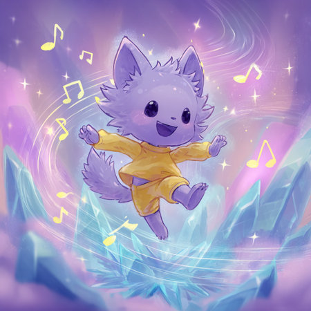 Cute cartoon cat in a yellow raincoat dancing on the background of magic clouds.の素材