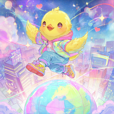 Cute little yellow chicken with a backpack on the background of the city.の素材