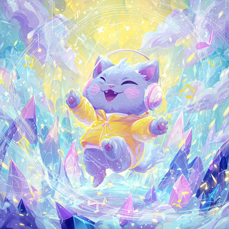 Cute cartoon cat with headphones on the background of the mountains and cloudsの素材