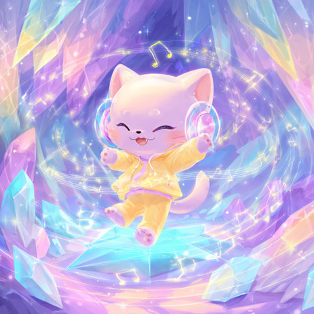 Cute cartoon cat with headphones listening to music. Vector illustration.の素材