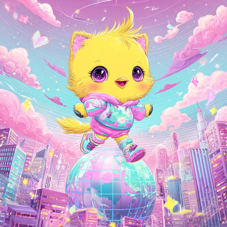 Cute cartoon cat on the globe in the city. Vector illustration.の素材
