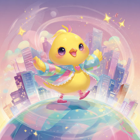 Vector illustration of a cute little yellow chicken on the globe with the city in the backgroundの素材