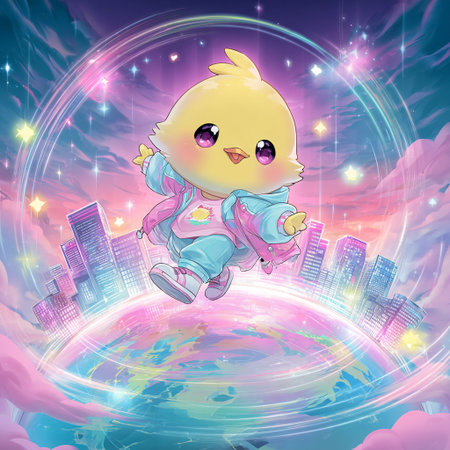 Cute baby chick on the background of the planet. Vector illustration.の素材