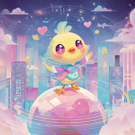Cute little chick on the background of the city. Vector illustration.の素材
