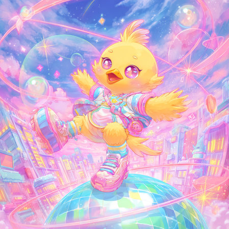 Cute little chick on the background of the night city. Vector illustration.の素材