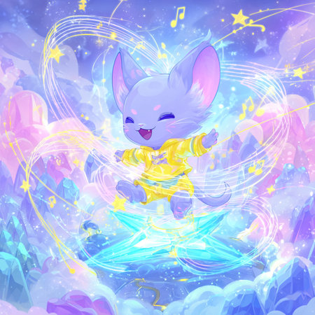 Cute rabbit in a yellow dress on the background of the starry sky.の素材