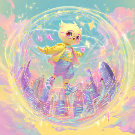 Cute little girl on the background of the city. Illustration.の素材