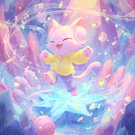 Cute cartoon cat in a yellow raincoat jumping on the background of the night sky.の素材