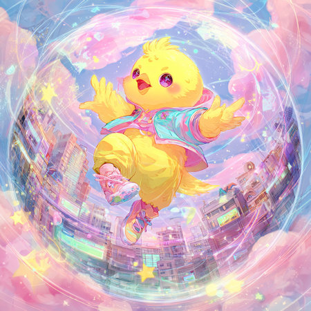 Illustration of a cute yellow chicken on the background of the cityの素材