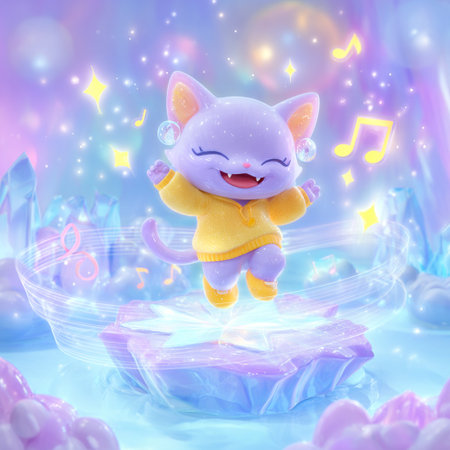Cute cartoon cat in a yellow dress on the background of an ice floe.の素材