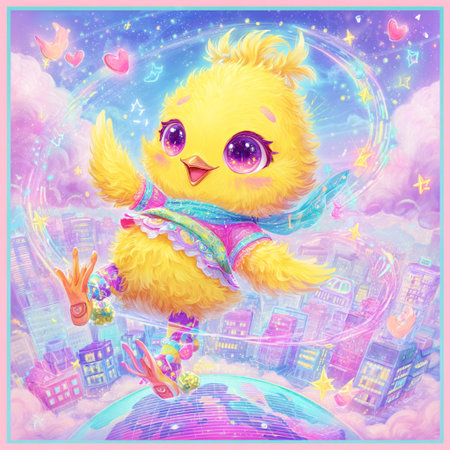 Cute little yellow chick with a scarf on the background of the city.の素材