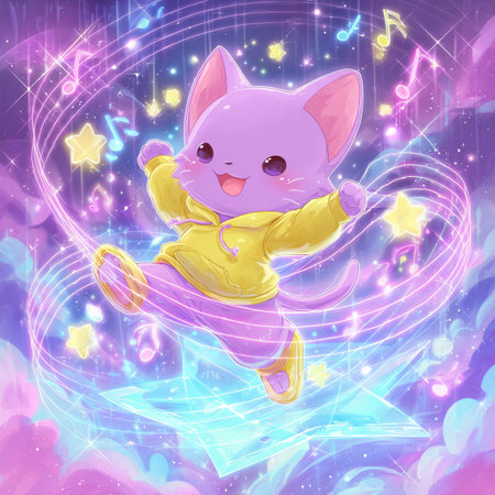 Cute kawaii cat on a magic background with stars.の素材