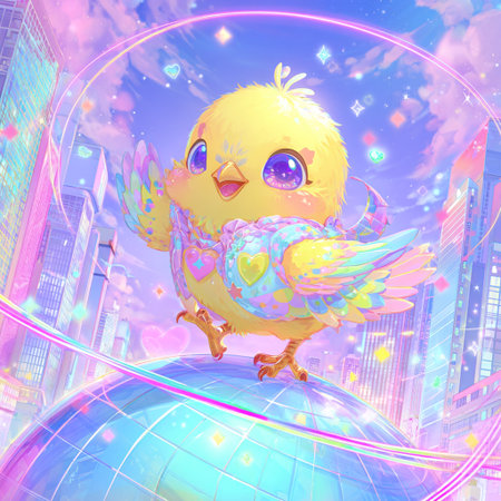 Illustration of a baby chick on the background of the globe.の素材