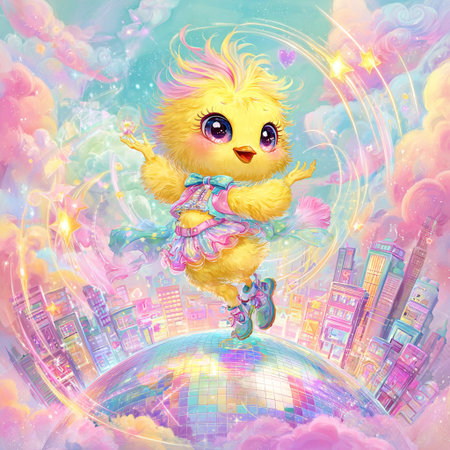 Cute little yellow chicken in pink dress on colorful background. Watercolor illustration.の素材