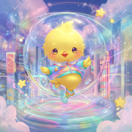 Cute little yellow chick sitting in a bubble in the night cityの素材