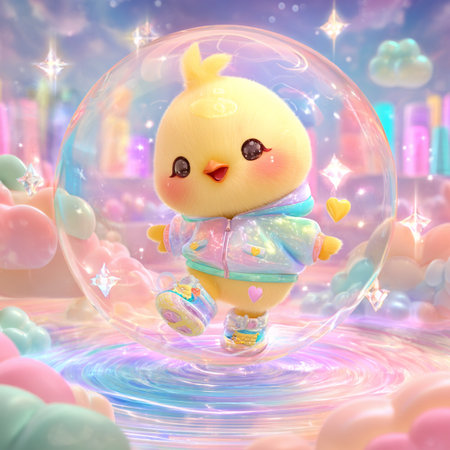 Cute little chick in a bubble ball. 3D illustrations.の素材