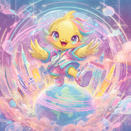 A cute little girl in a space suit sits on the planet and looks at the city.の素材