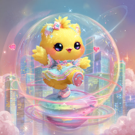 Illustration of a cute little chick in a bubble with city backgroundの素材