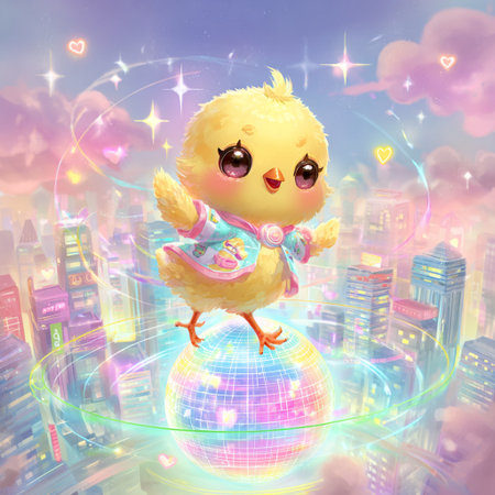 Cute little chick on the globe in the city. Digital illustrationの素材