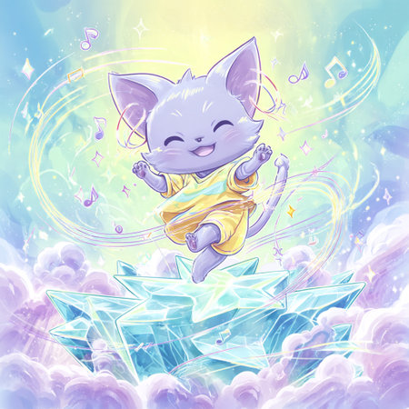 Cute cartoon cat sitting on the rock and listening to music.の素材