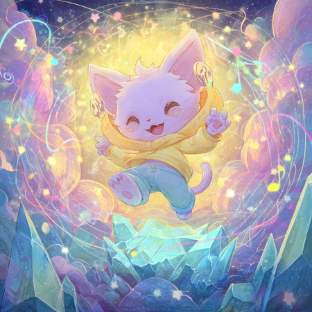 Cute cartoon fox on the background of a mountain landscape with stars.の素材