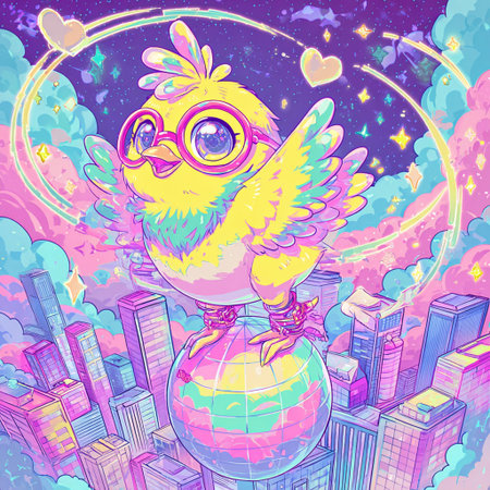 Vector illustration of a cute little chick on the background of the city.の素材