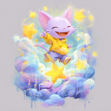 Cute little cat in the night sky. Watercolor illustration.の素材