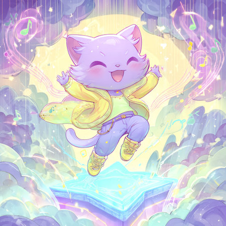 Funny cartoon cat in a raincoat flying on a cloud.の素材
