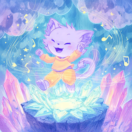 Cute cartoon kitten playing on a stone in the starry skyの素材