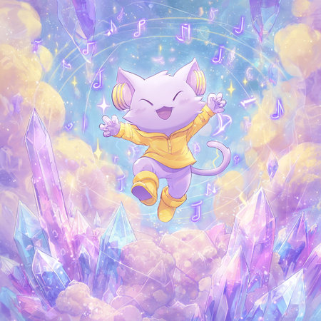Cute cartoon cat with magic wand and crystals. Fantasy illustration.の素材