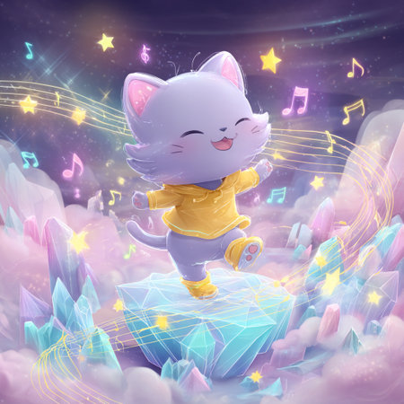 Cute cartoon cat on a rock with music notes in the backgroundの素材