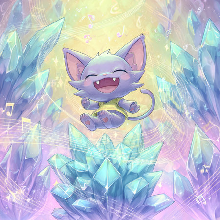 Cute cartoon cat on the background of crystals. Vector illustration.の素材