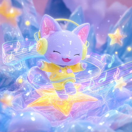 Illustration of a cute cat in a fairy costume sitting on the background of music notesの素材