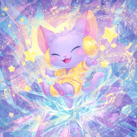 Cute cat with headphones on the background of a starry skyの素材