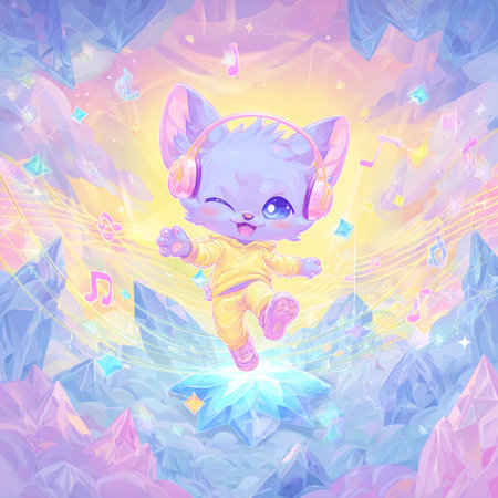 Cute kawaii cat in headphones on the background of multicolored crystalsの素材