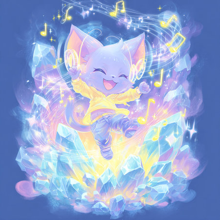 Fantasy illustration of a cute cartoon cat in space, surrounded by music notes.の素材