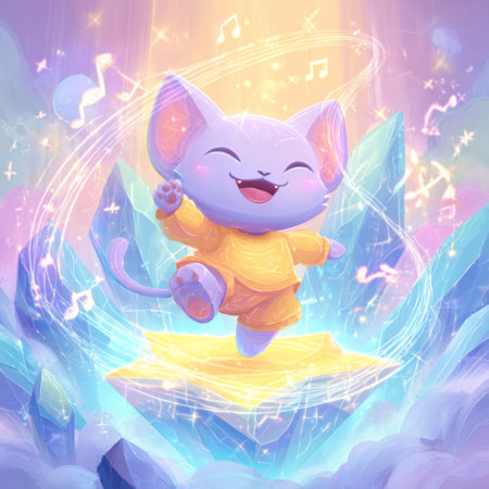 Cute cartoon cat on a rainbow background with musical notes. Vector illustration.の素材