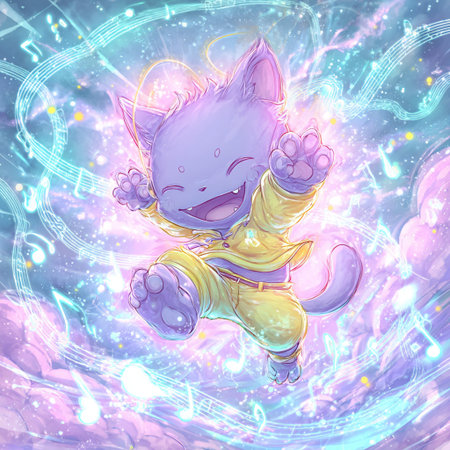 Illustration of a cute cartoon cat in a space costume with stars and lightsの素材