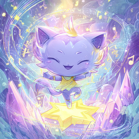 Cute cat with a star on the background of a magic forestの素材