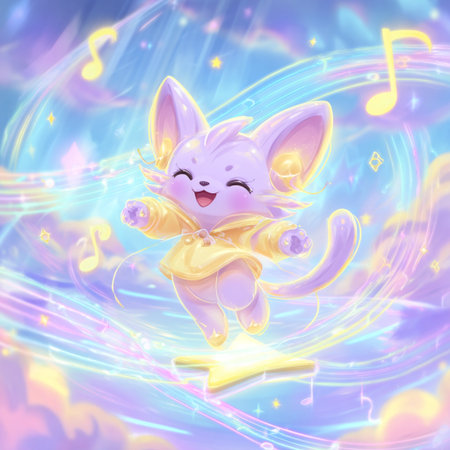 Illustration of a cute cartoon rabbit with a music note on a colorful backgroundの素材
